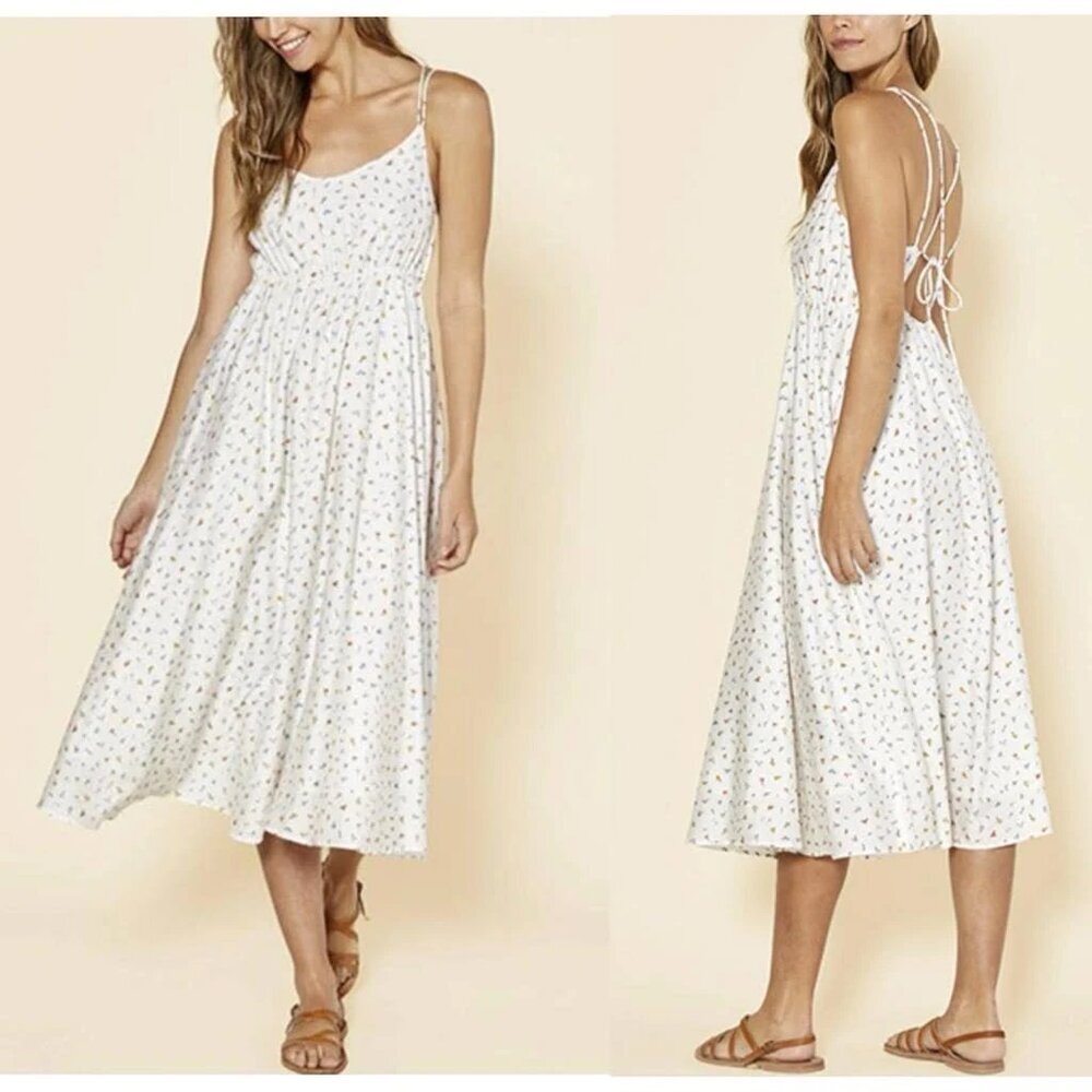 Soft Girl Coastal Cottage Boho NWT Outerknown Silk White Floral Midi Dress Large